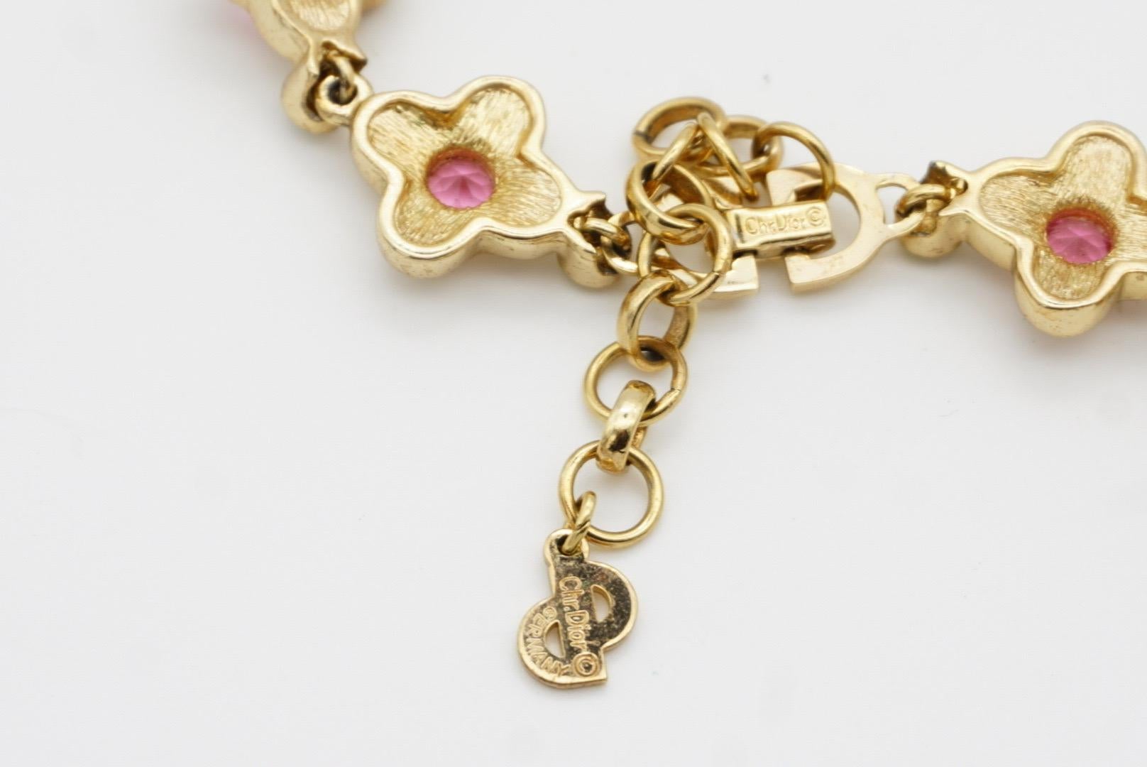 Christian Dior Vintage 1970s Pink Clover Flower Emerald Dots Crystals Necklace For Sale 11
