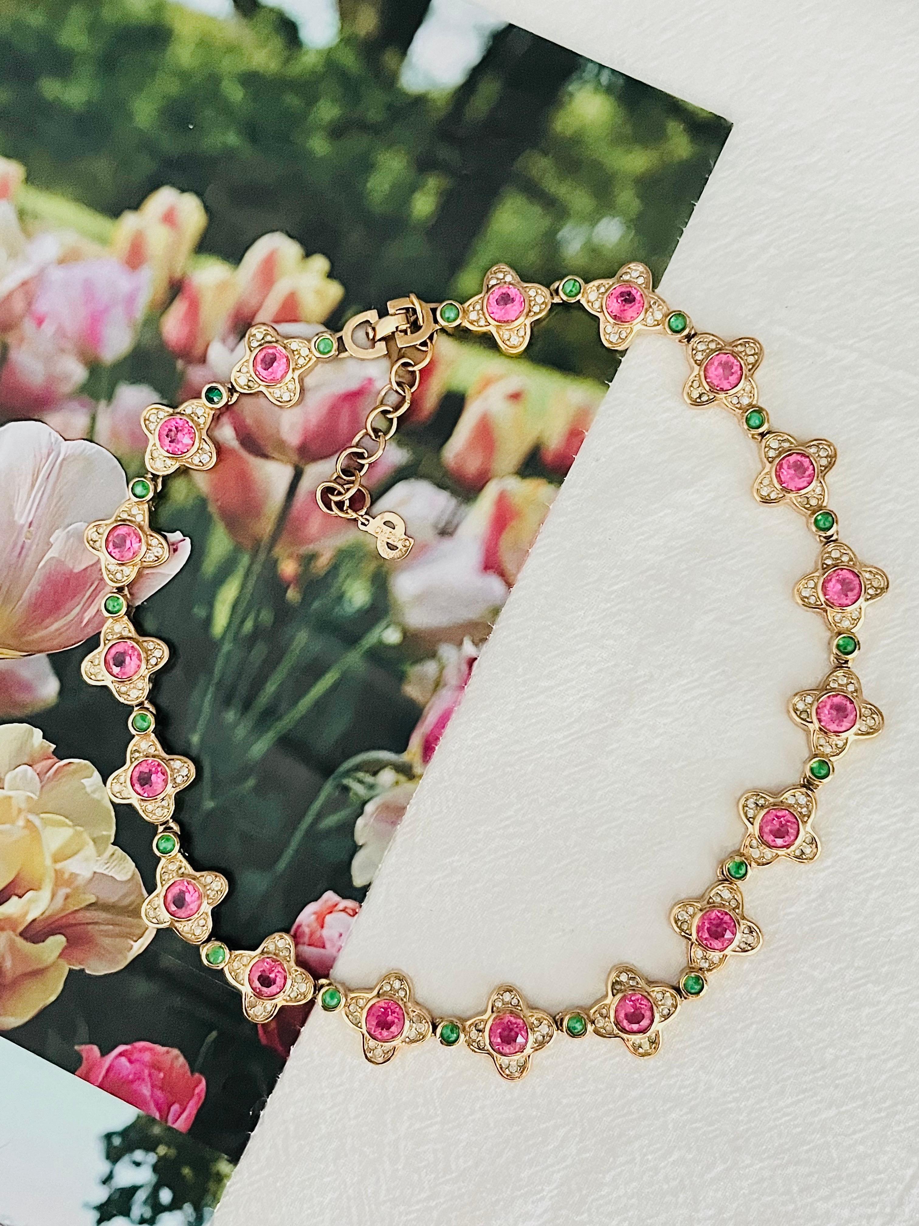 Christian Dior Vintage 1970s Pink Clover Flower Cross Emerald Green Dots Crystals Row Elegant Necklace, Gold Plated

Very excellent condition. Only one green stone shade is deeper than others, barely noticeable. 100% Genuine.

Marked at clasp. Very