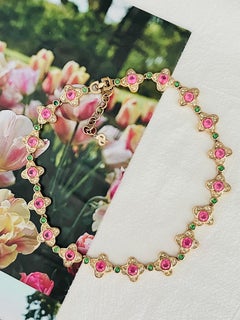 Christian Dior Vintage 1970s Pink Clover Flower Emerald Dots Crystals Necklace
