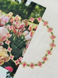 Christian Dior Vintage 1970s Pink Clover Flower Emerald Dots Crystals Necklace