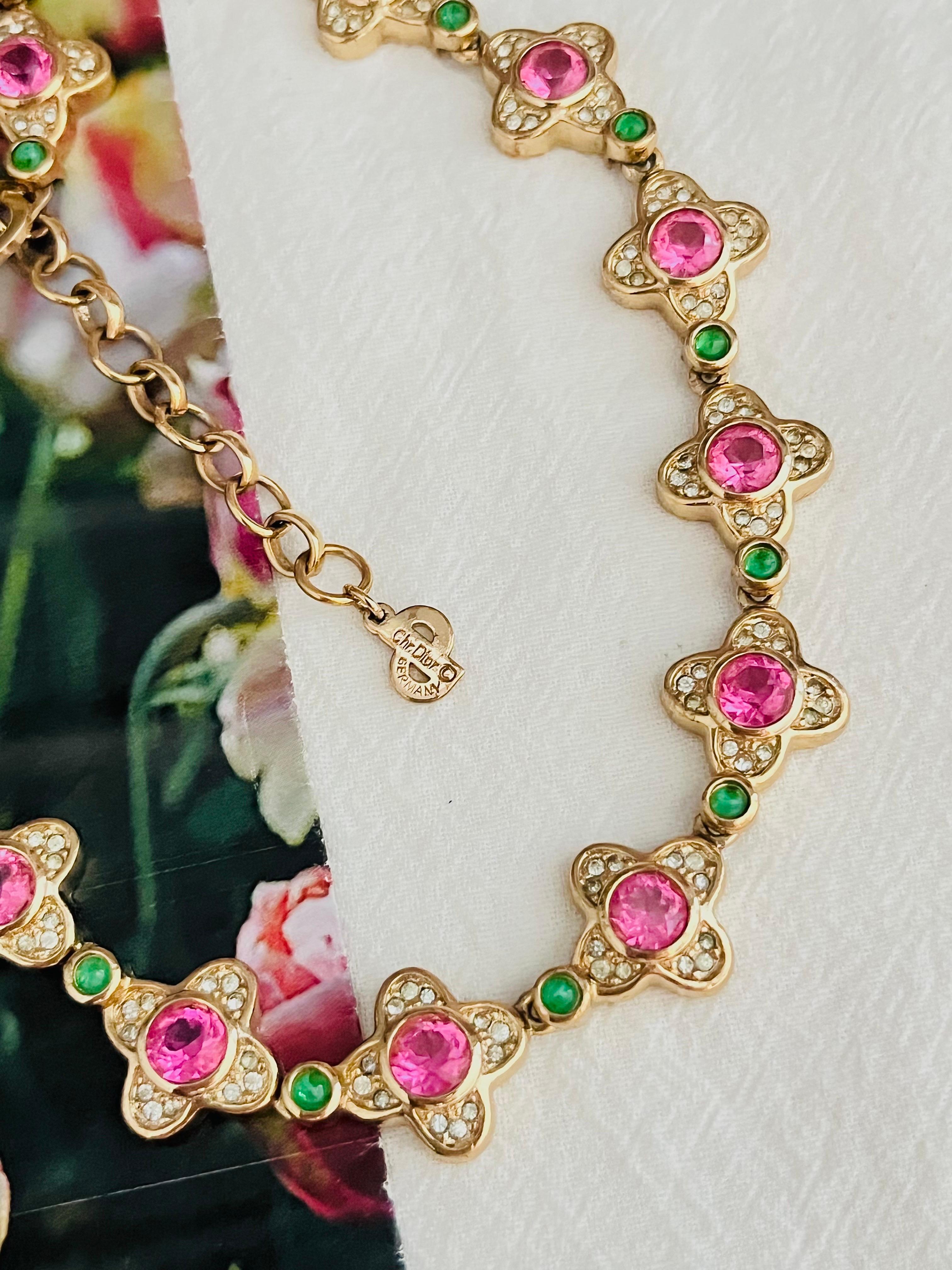 Art Deco Christian Dior Vintage 1970s Pink Clover Flower Emerald Dots Crystals Necklace For Sale