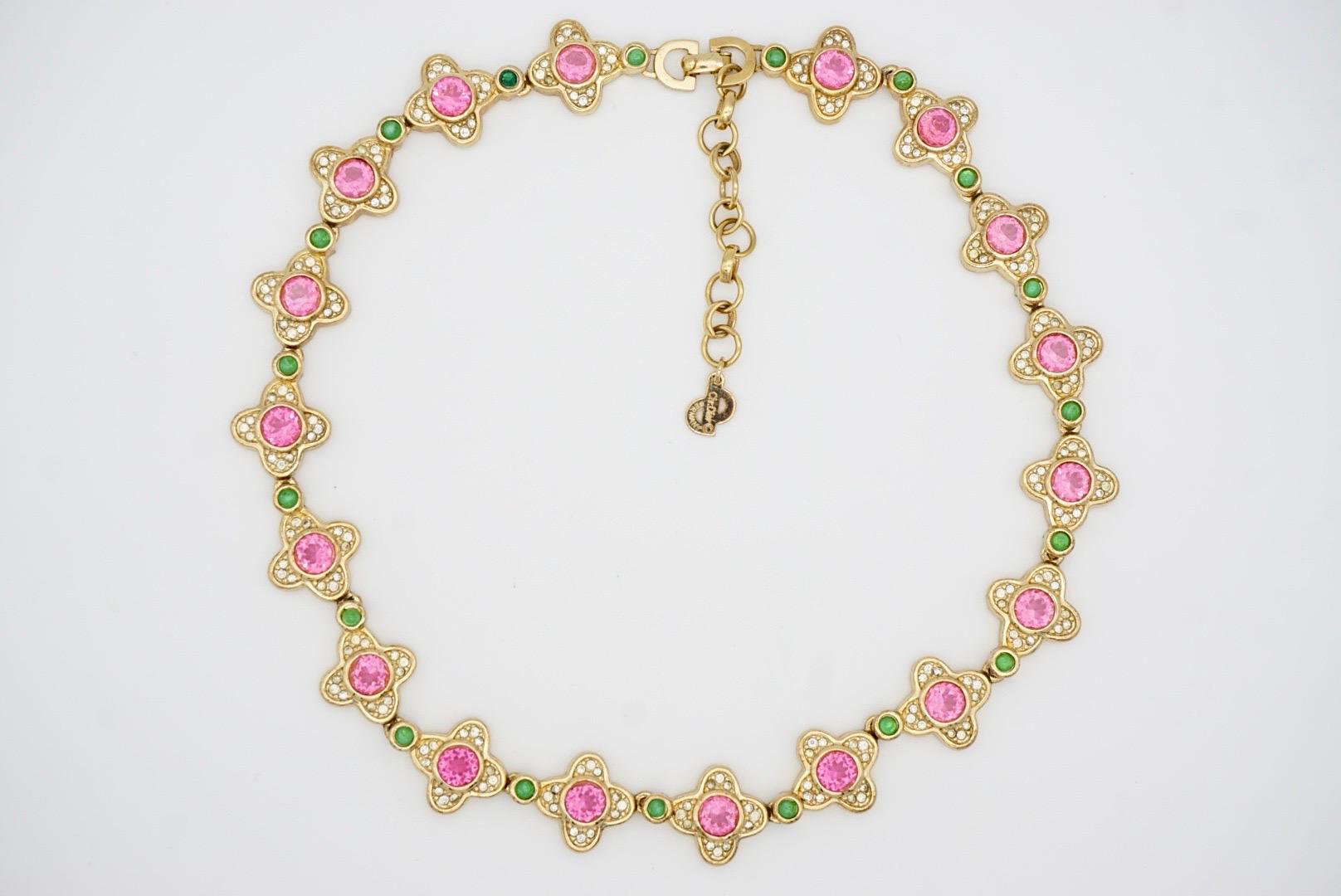 Christian Dior Vintage 1970s Pink Clover Flower Emerald Dots Crystals Necklace For Sale 4
