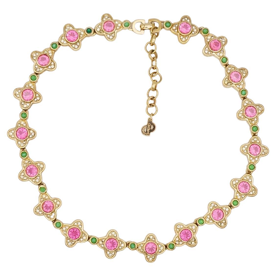 Christian Dior Vintage 1970s Pink Clover Flower Emerald Dots Crystals Necklace For Sale