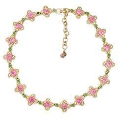 Christian Dior, collier vintage des années 1970, rose, fleur de trèfle, pointes d'émeraude et cristaux
