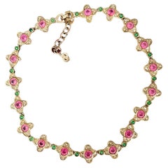 Christian Dior Vintage 1970s Pink Flower Clover Emerald Dots Crystals Necklace
