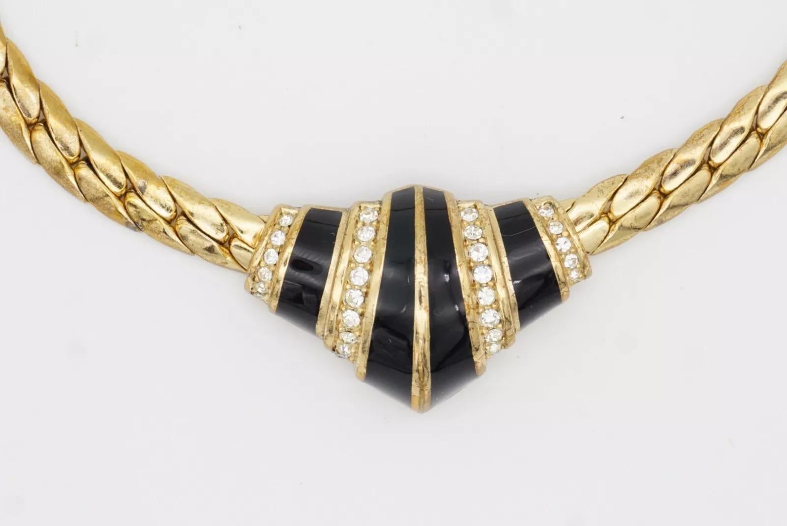Christian Dior Vintage 1970s Symmetric Black Enamel Crystals Croissant Necklace For Sale 5