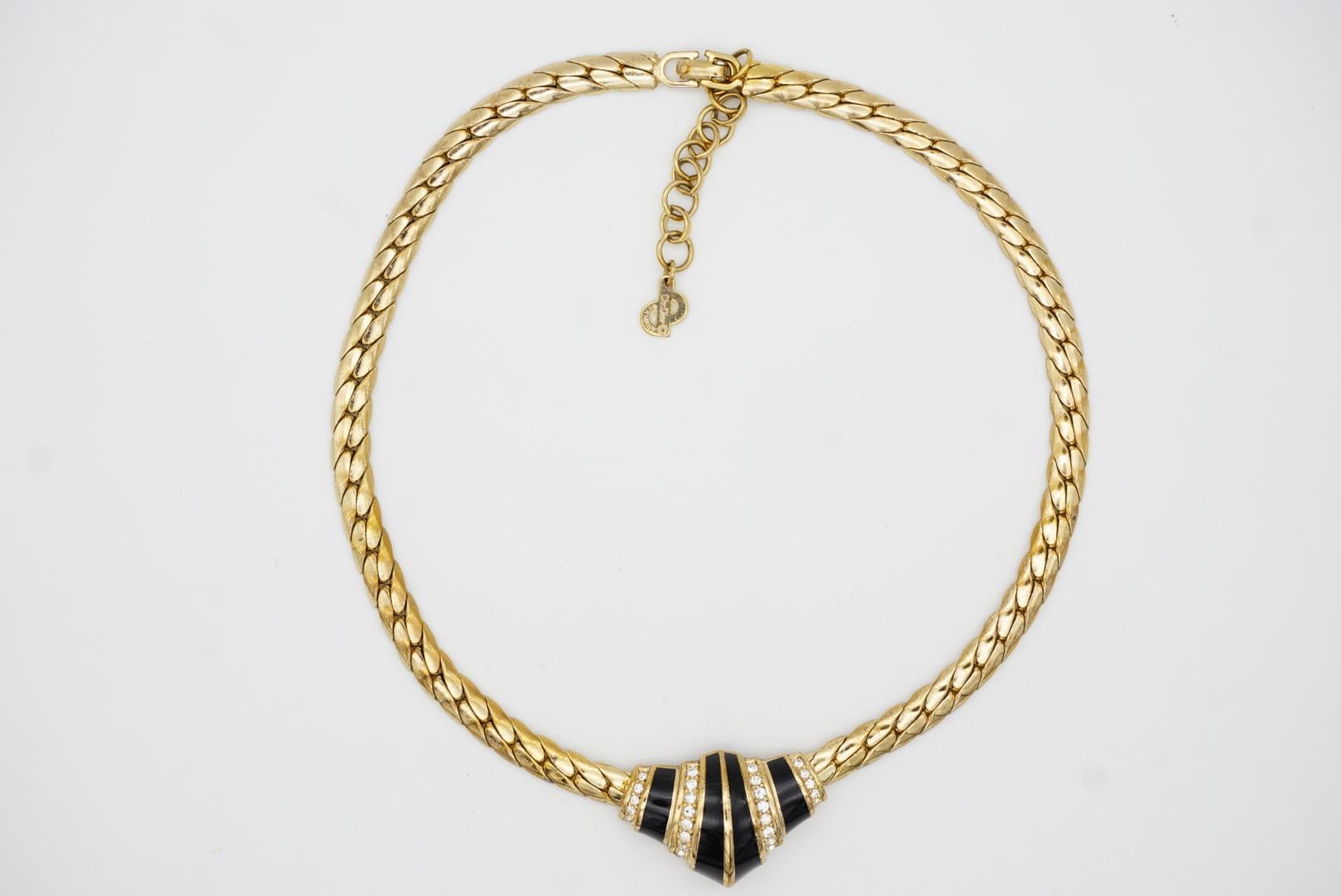 Christian Dior Vintage 1970s Symmetric Black Enamel Crystals Croissant Necklace For Sale 6