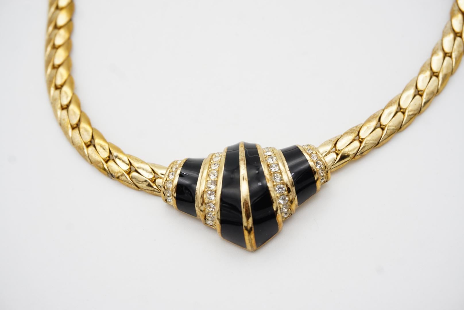 Christian Dior Vintage 1970s Symmetric Black Enamel Crystals Croissant Necklace For Sale 7