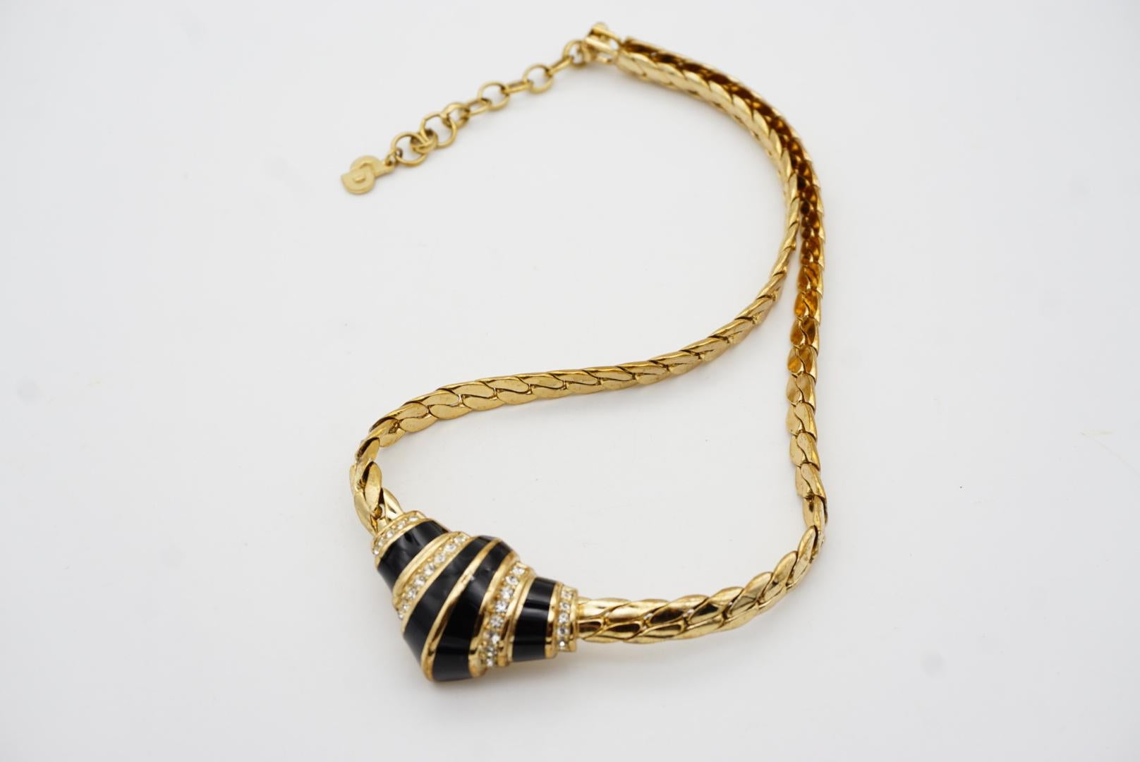 Christian Dior Vintage 1970s Symmetric Black Enamel Crystals Croissant Necklace For Sale 9