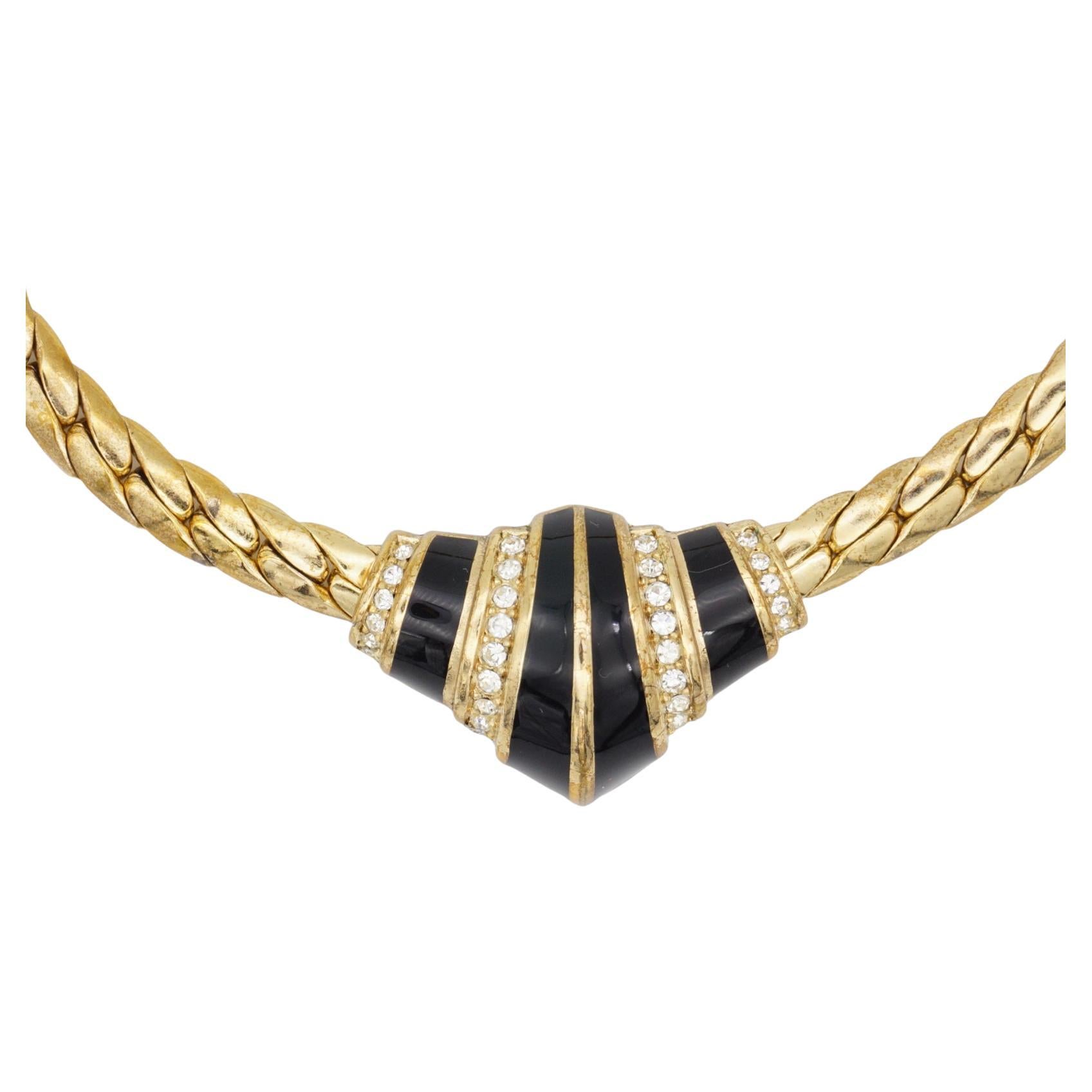 Christian Dior Vintage 1970s Symmetric Geometric Black Enamel Crystals Croissant Chunky Pendant Necklace, Gold Plated

Very good condition. Light scratches or colour loss, barely noticeable. 100% Genuine.

It is around 50 years old. This is a very