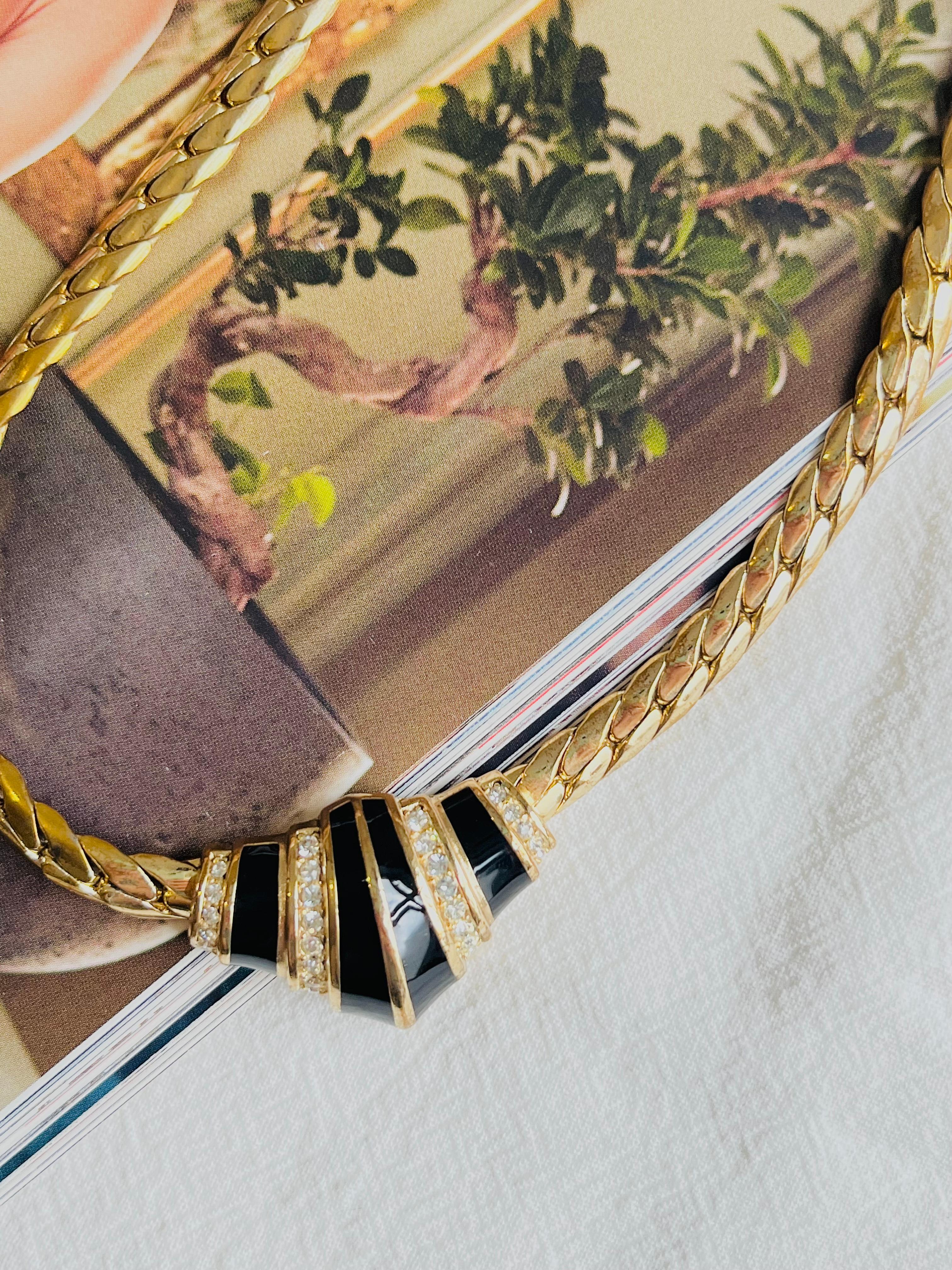 Women's or Men's Christian Dior Vintage 1970s Symmetric Black Enamel Crystals Croissant Necklace For Sale