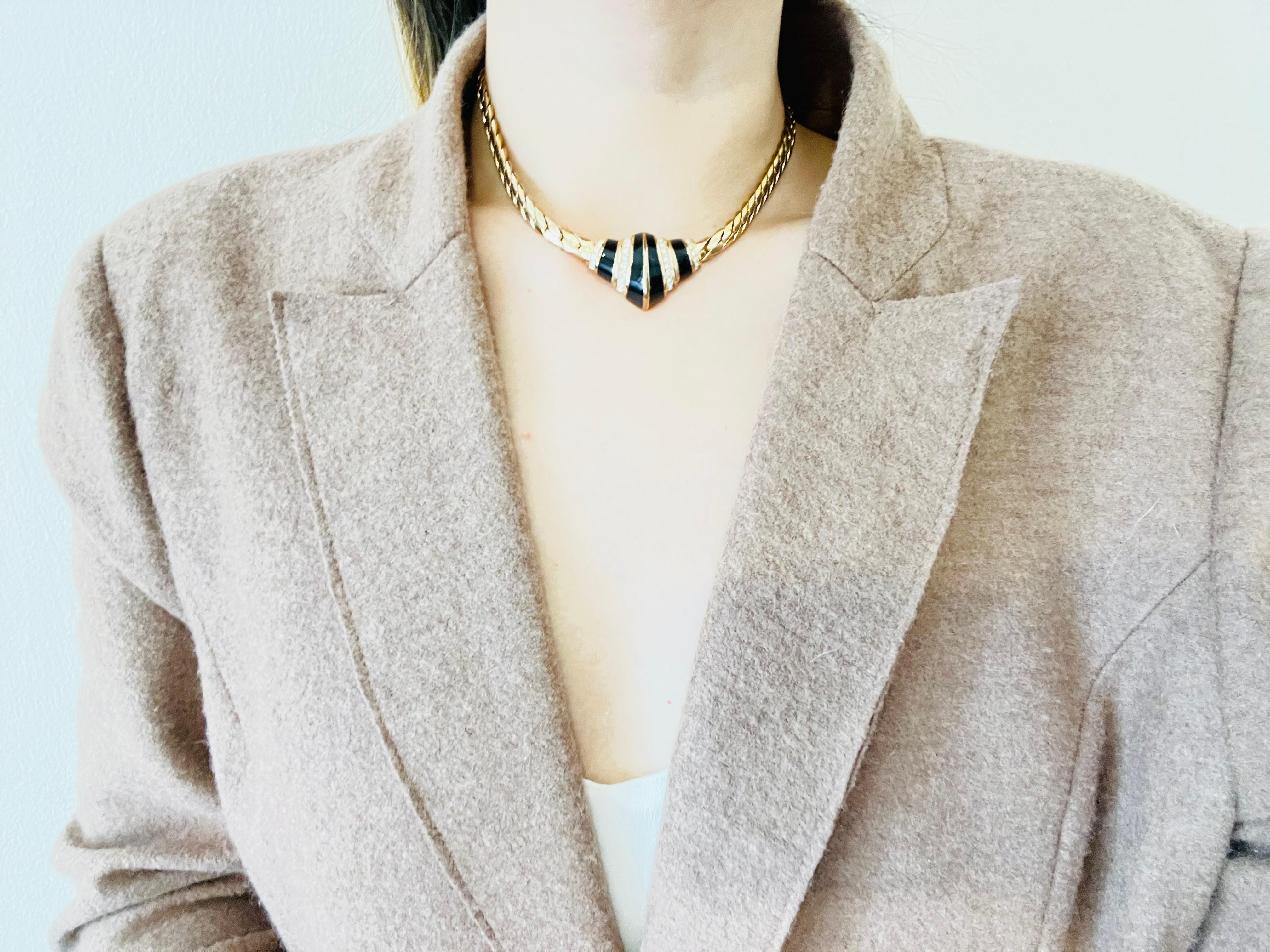 Christian Dior Vintage 1970s Symmetric Black Enamel Crystals Croissant Necklace For Sale 1