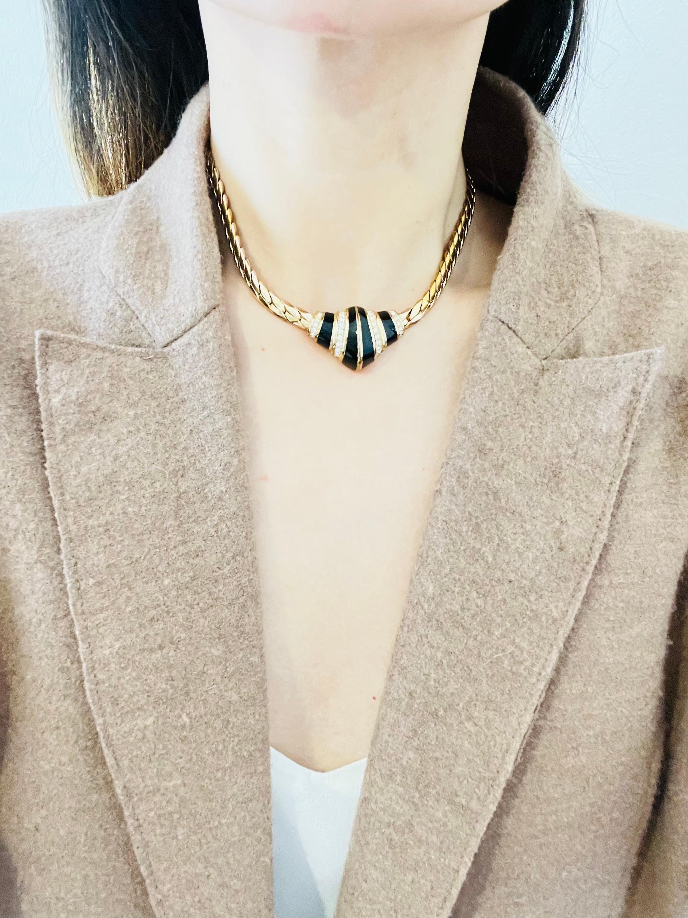 Christian Dior Vintage 1970s Symmetric Black Enamel Crystals Croissant Necklace For Sale 2