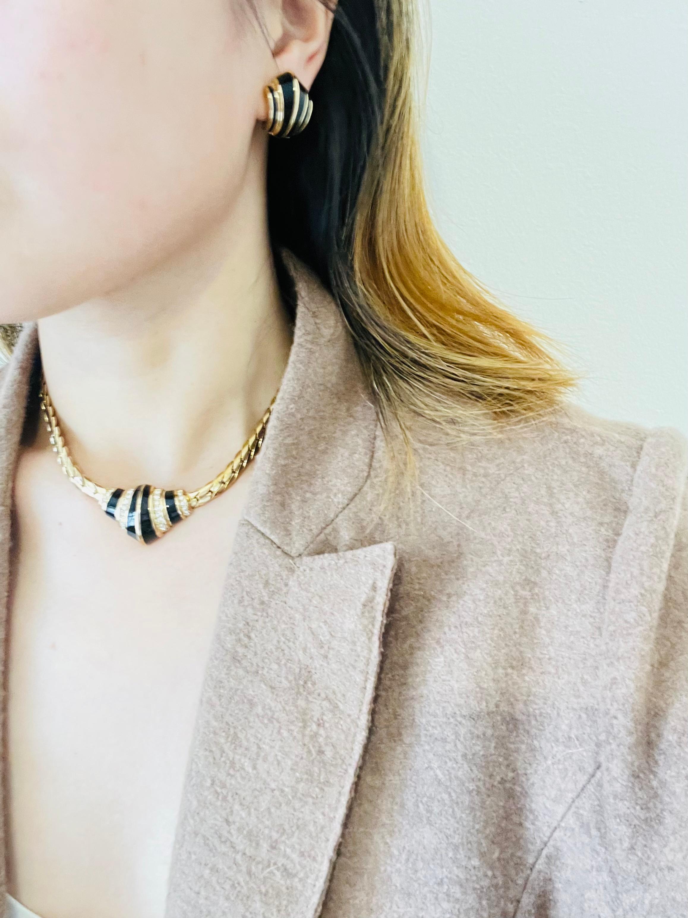 Christian Dior Vintage 1970s Symmetric Black Enamel Crystals Croissant Necklace For Sale 3