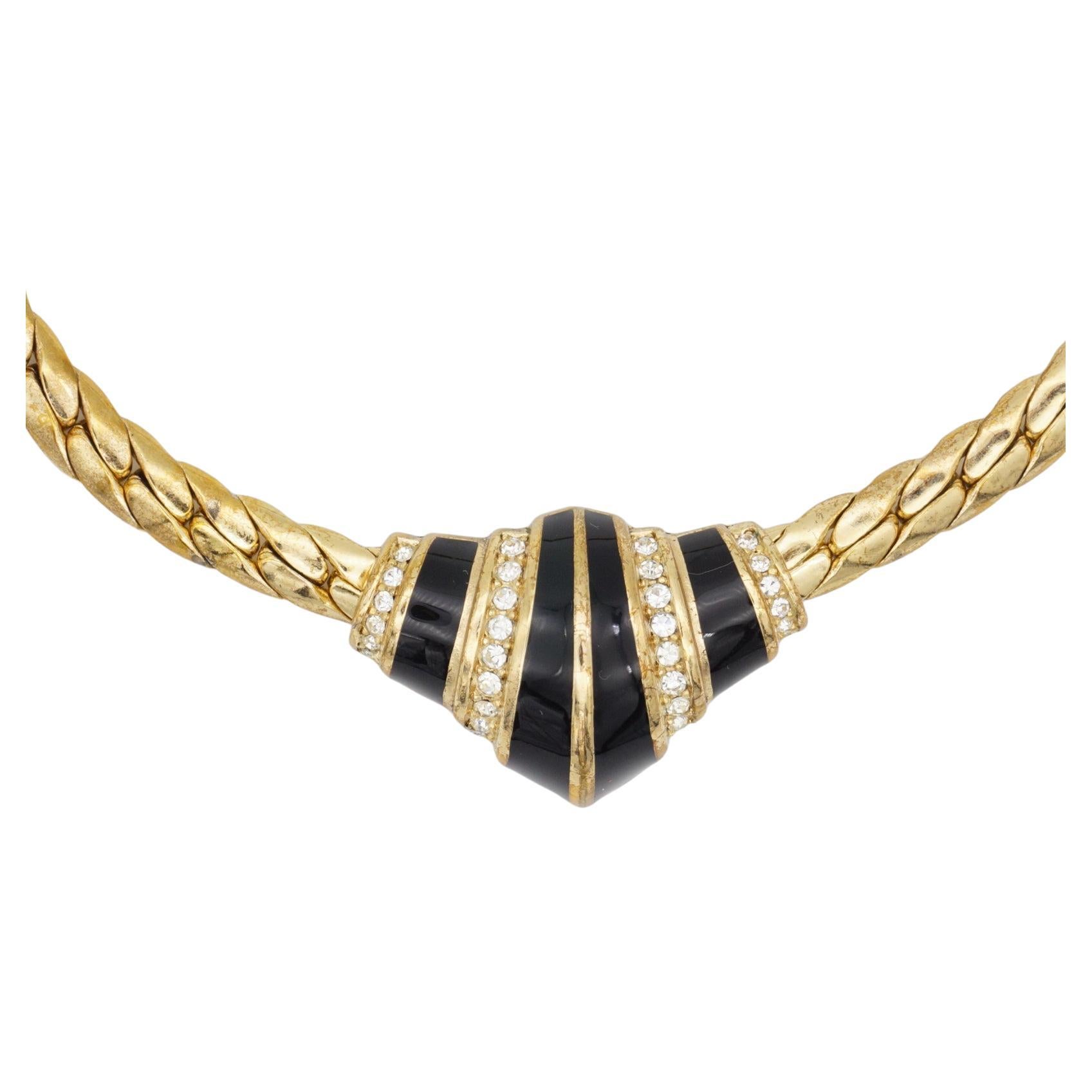 Christian Dior Vintage 1970s Symmetric Black Enamel Crystals Croissant Necklace For Sale
