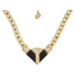 Christian Dior Vintage 1970s Triangle Black Crystal Chunky Gold Pendant Necklace