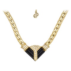 Christian Dior Vintage 1970s Triangle Black Crystal Chunky Gold Pendant Necklace