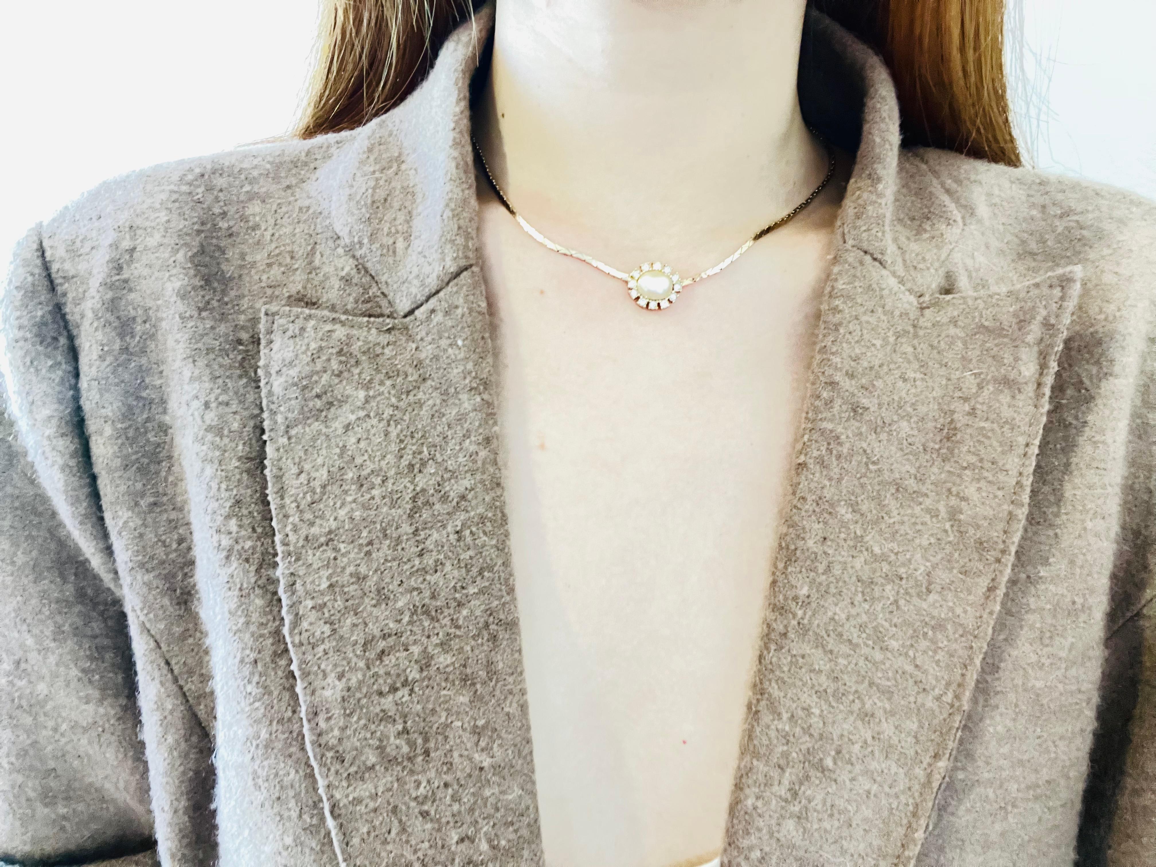 Christian Dior Vintage 1970s White Pearl Sparkling Crystals Pendant Necklace In Excellent Condition In Wokingham, England