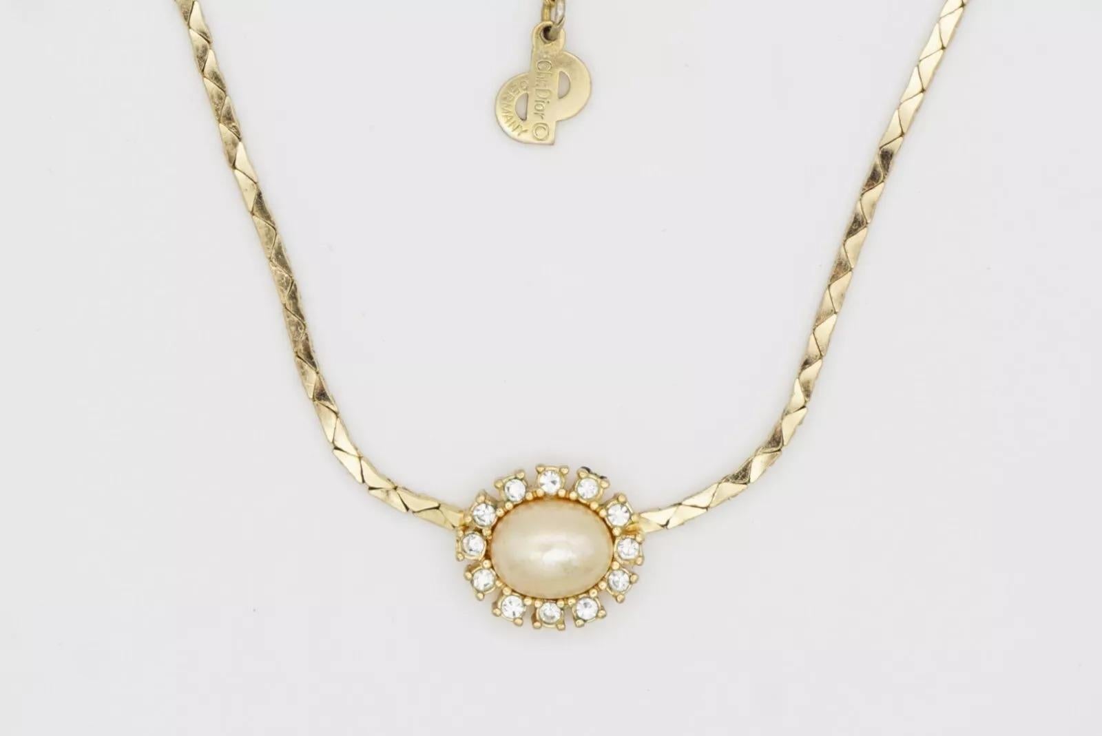 Christian Dior Vintage 1970s White Pearl Sparkling Crystals Pendant Necklace 1