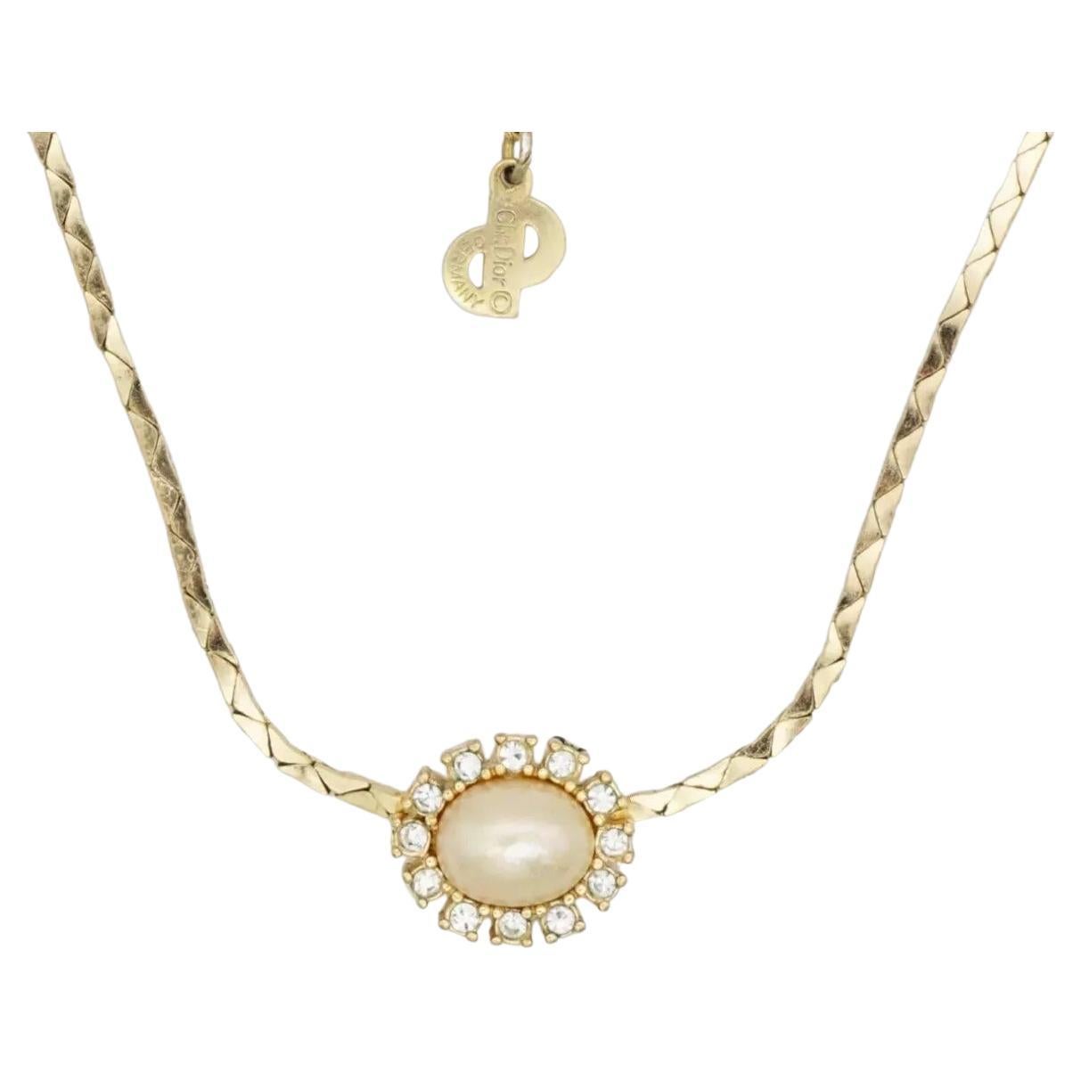 Christian Dior Vintage 1970s White Pearl Sparkling Crystals Pendant Necklace