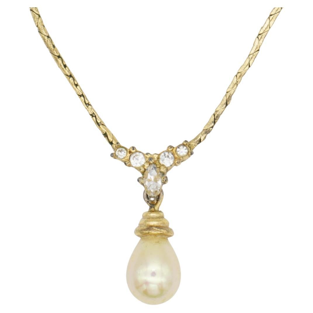 Christian Dior Vintage 1970s White Pearl Water Drop Marquise Crystals Necklace