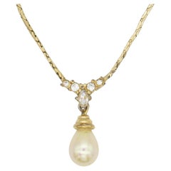 Christian Dior Vintage 1970s White Pearl Water Drop Marquise Crystals Necklace Christian Dior Used 1970s White Pearl Water Drop Marquise Crystals Necklace