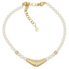 Christian Dior Vintage 1970s White Pearls Triangle Crystals Pendant Necklace