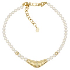Christian Dior Vintage 1970s White Pearls Triangle Crystals Pendant Necklace