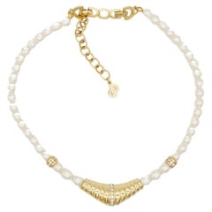 Christian Dior Vintage 1970s White Pearls Triangle Crystals Pendant Necklace