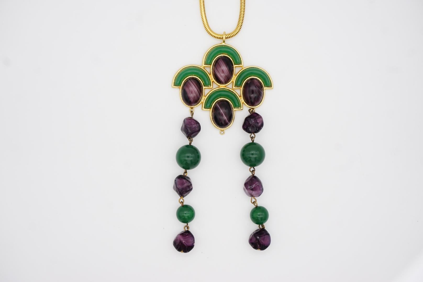 Christian Dior Vintage 1971 Emerald Amethyst Cabochon Fans Tassel Long Necklace For Sale 5