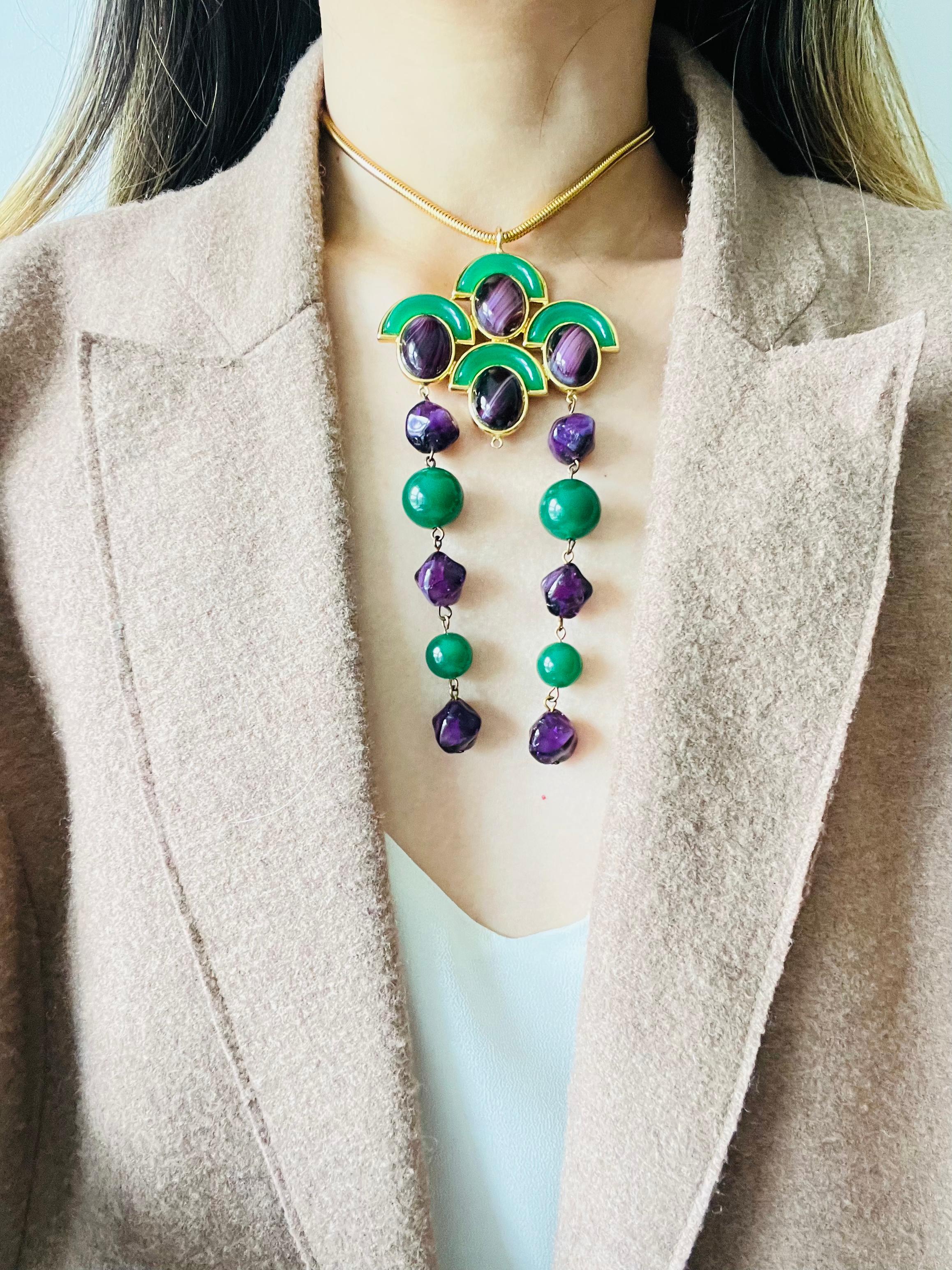 Christian Dior Vintage 1971 Emerald Amethyst Cabochon Fans Tassel Long Necklace For Sale 5