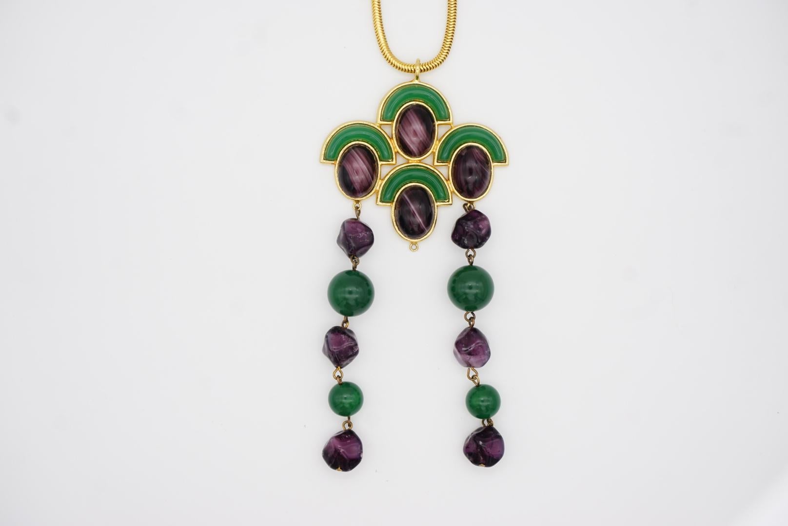 Christian Dior Vintage 1971 Emerald Amethyst Cabochon Fans Tassel Long Necklace For Sale 6