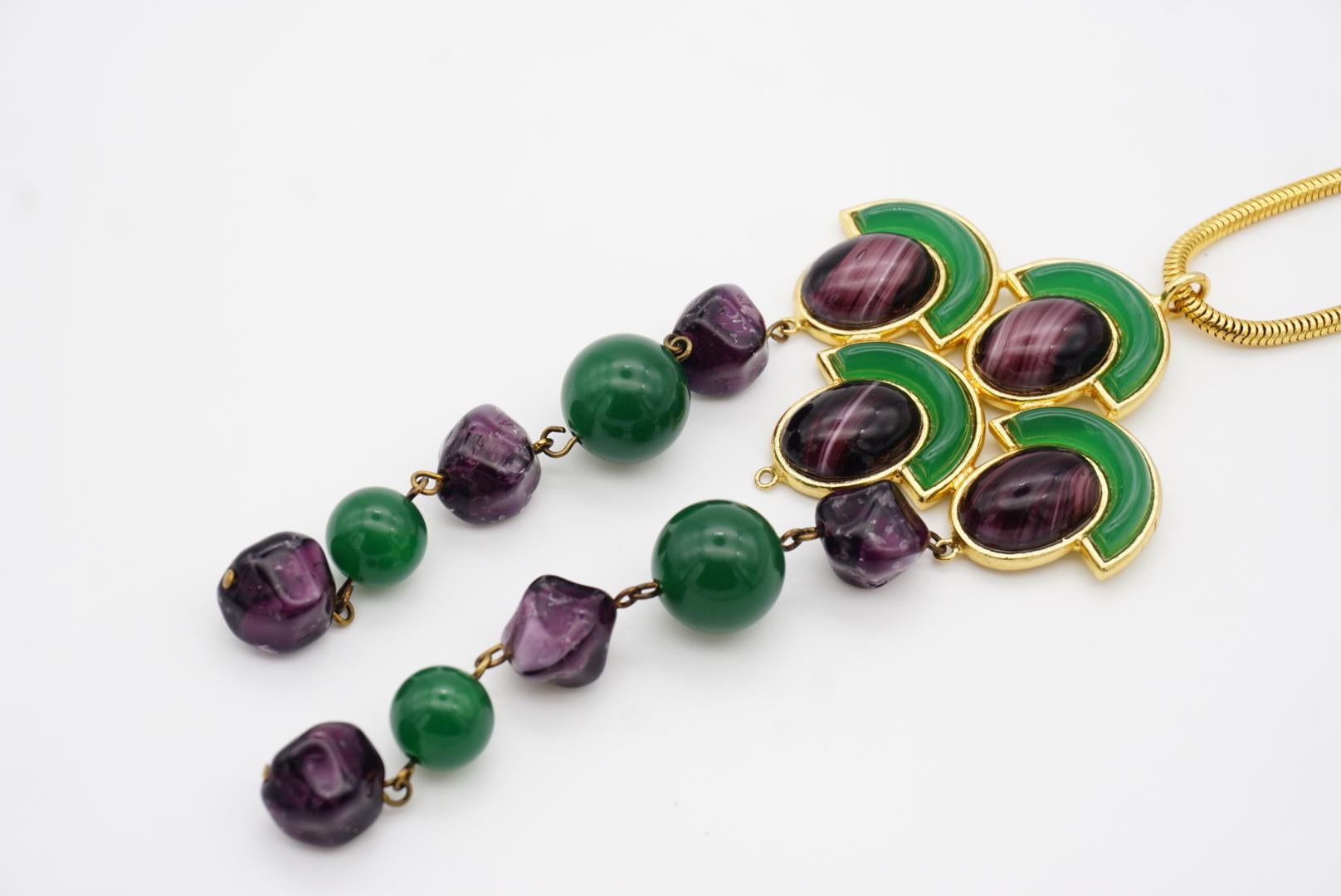 Christian Dior Vintage 1971 Emerald Amethyst Cabochon Fans Tassel Long Necklace For Sale 7