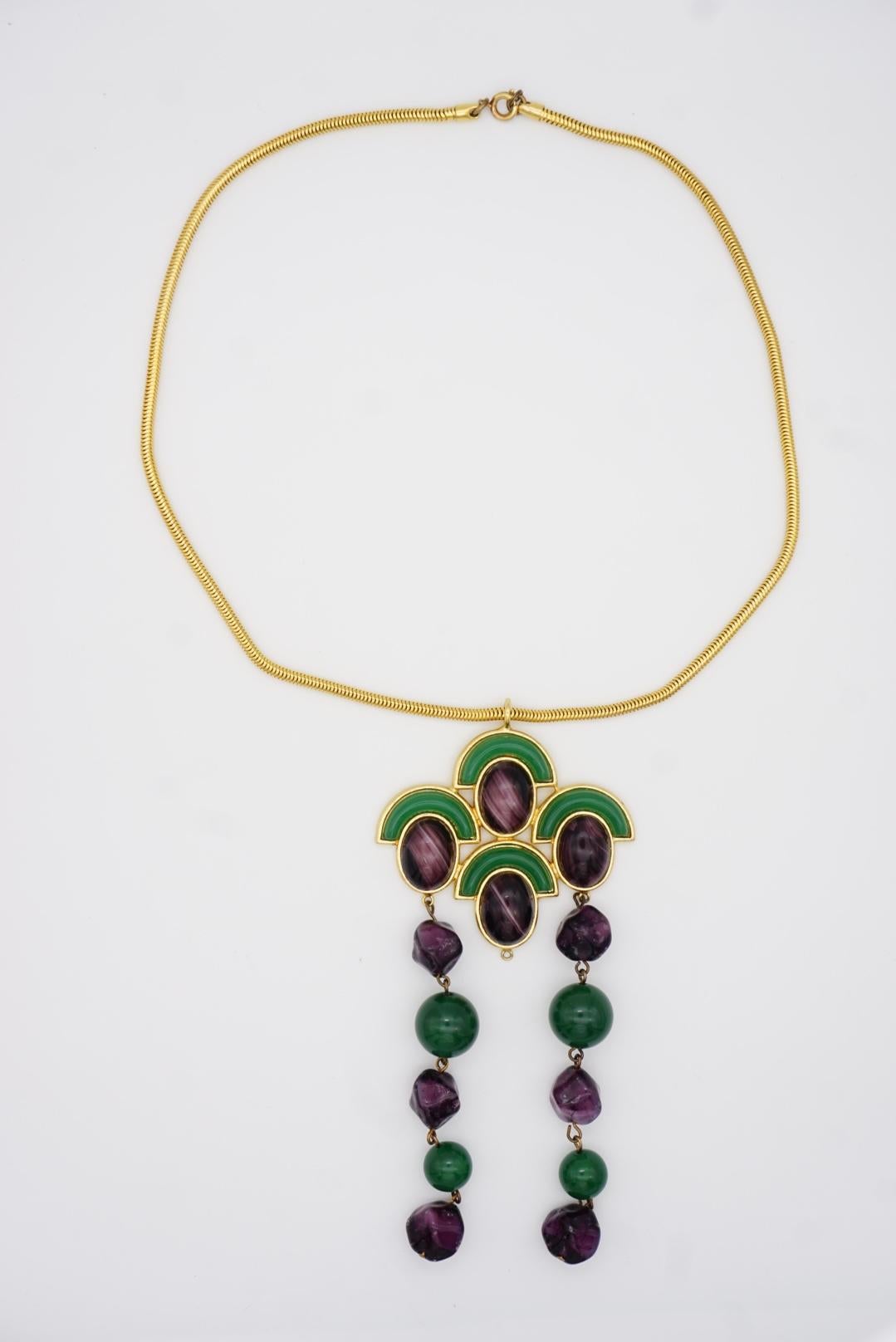 Christian Dior Vintage 1971 Emerald Amethyst Cabochon Fans Tassel Long Necklace For Sale 7