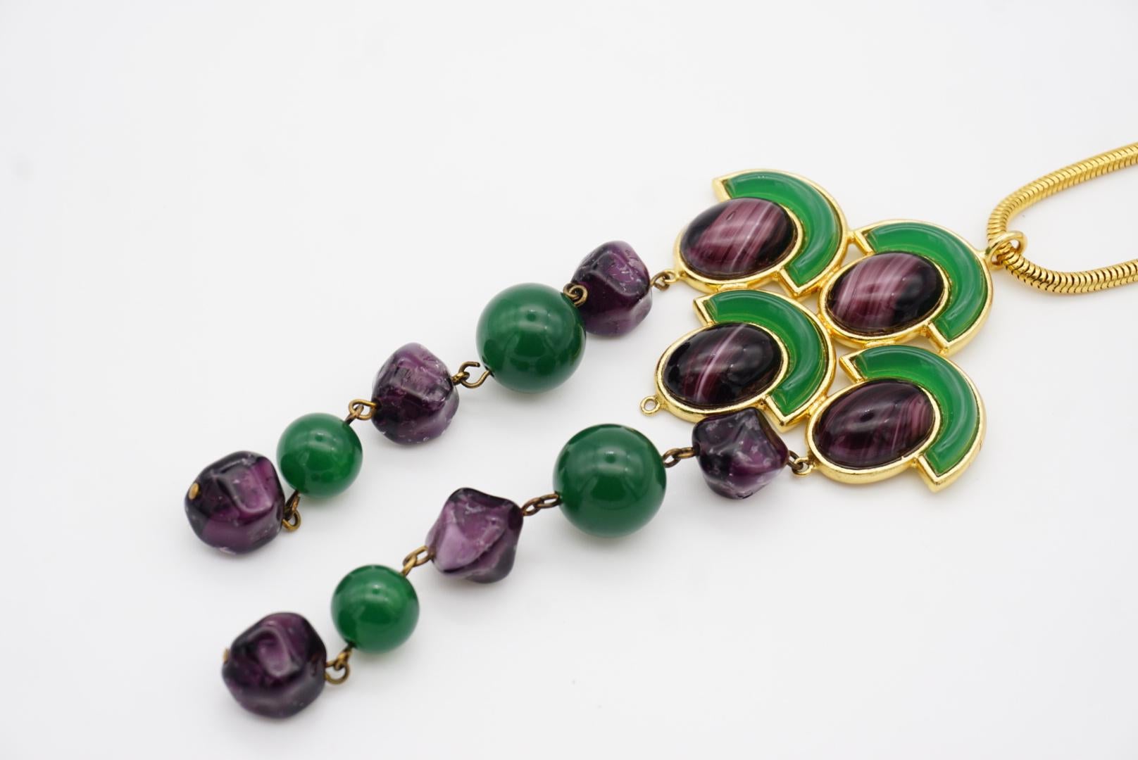 Christian Dior Vintage 1971 Emerald Amethyst Cabochon Fans Tassel Long Necklace For Sale 8