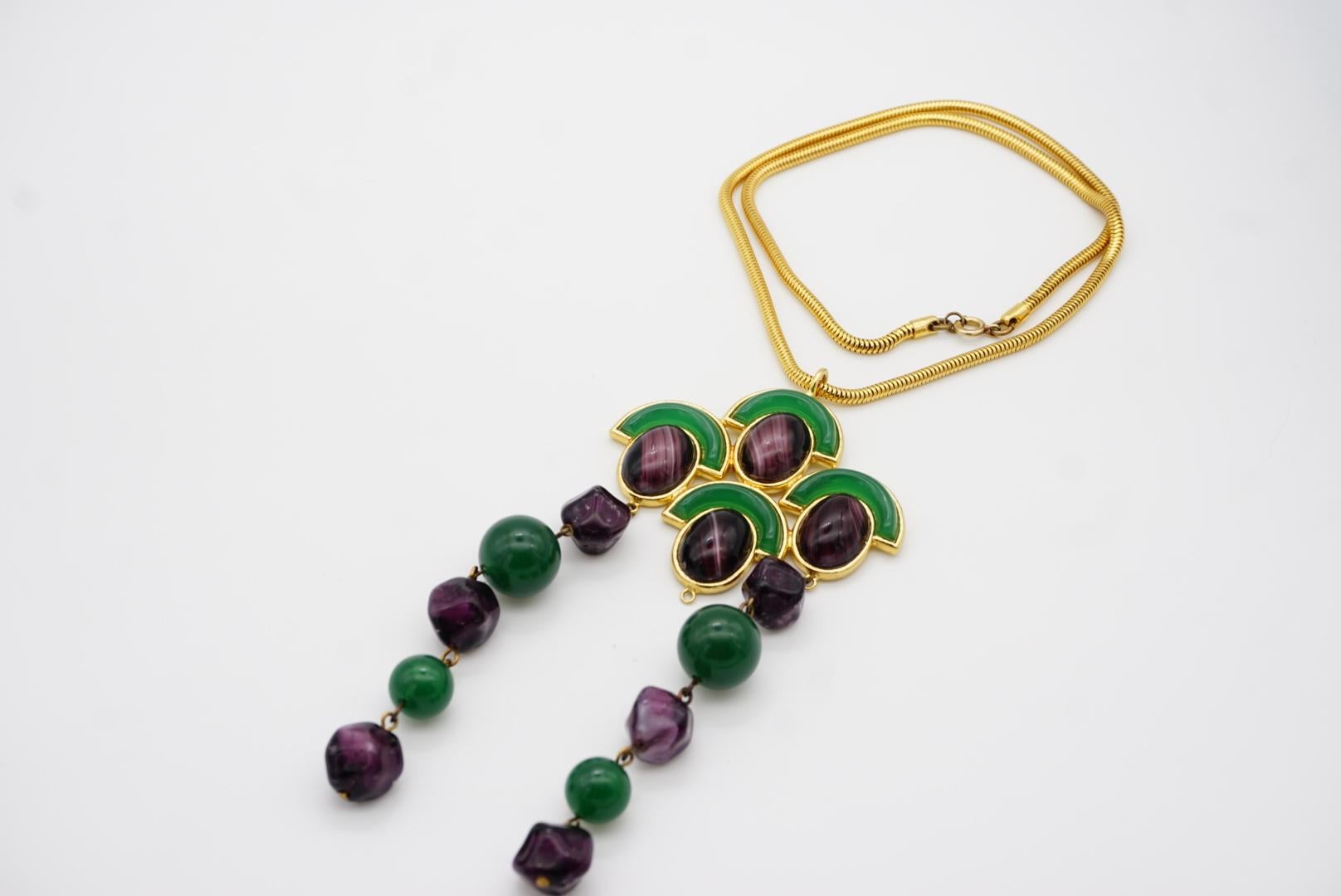 Christian Dior Vintage 1971 Emerald Amethyst Cabochon Fans Tassel Long Necklace For Sale 11