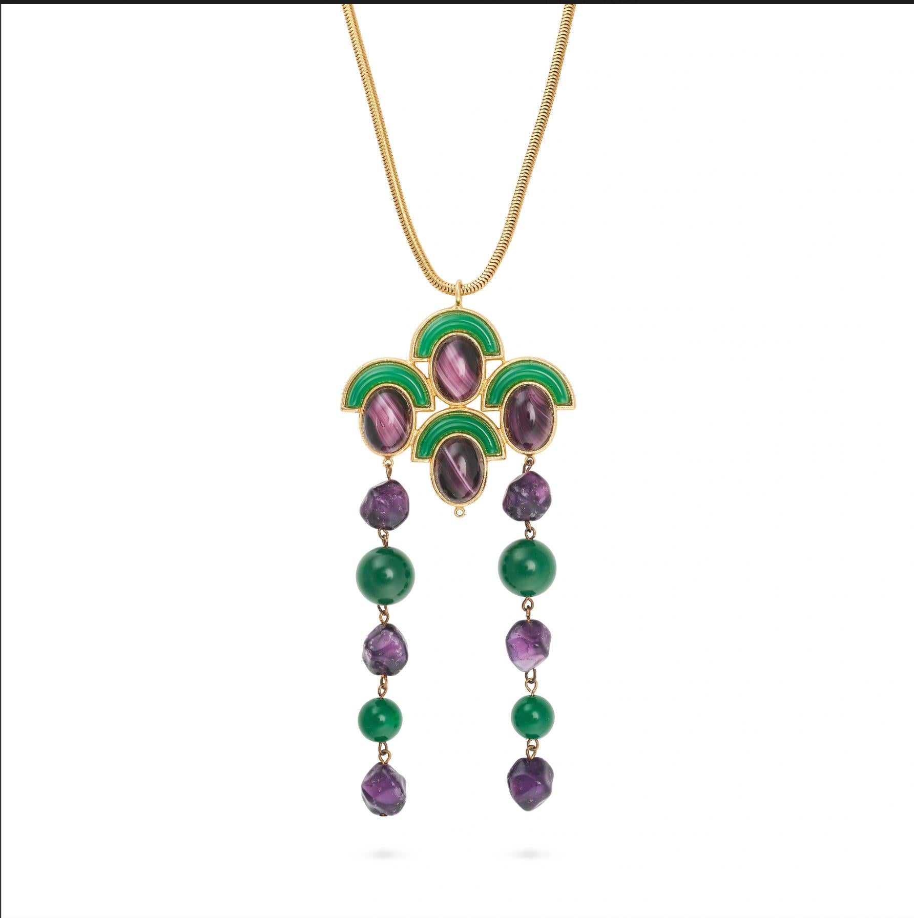 Christian Dior Vintage 1971 Emerald Amethyst Cabochon Fans Tassel Long Necklace For Sale 12