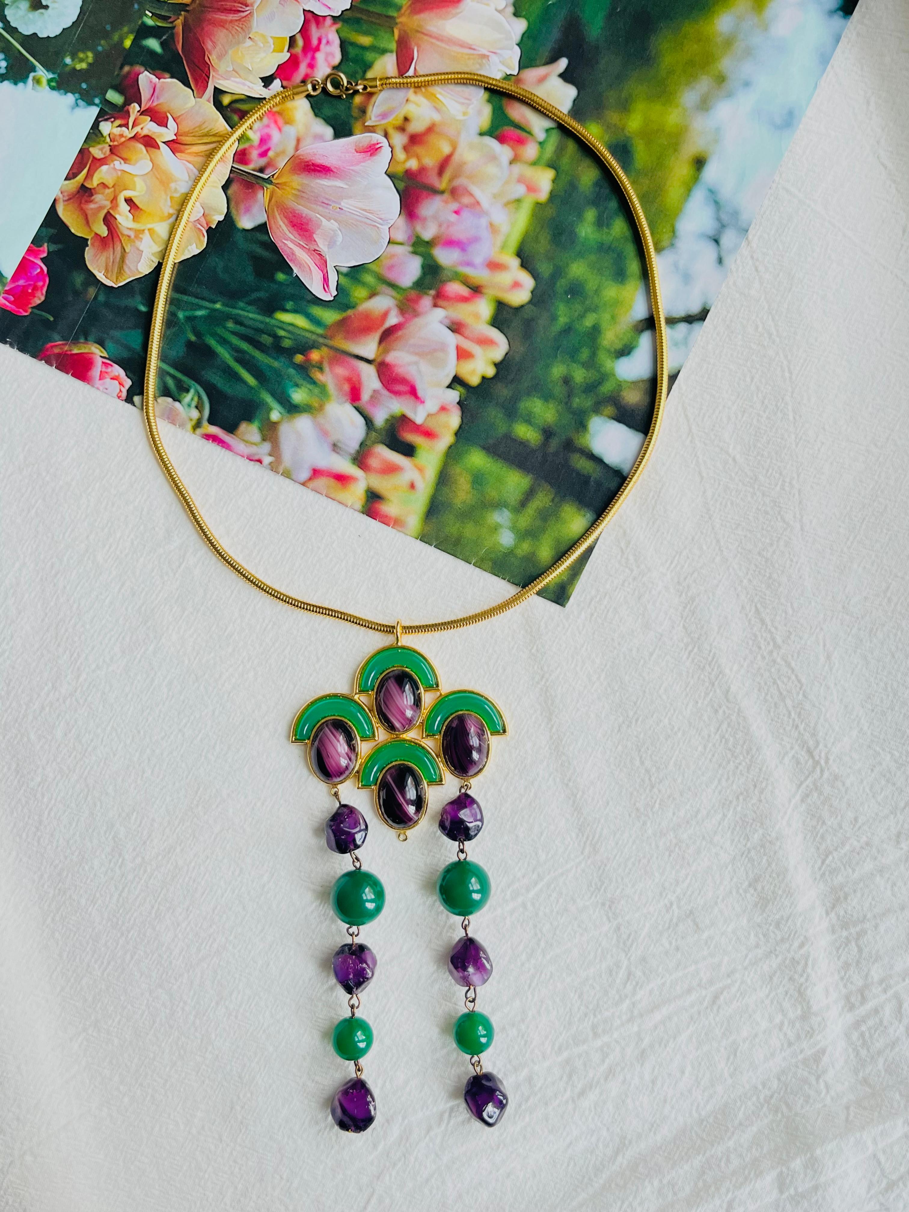 Art Deco Christian Dior Vintage 1971 Emerald Amethyst Cabochon Fans Tassel Long Necklace For Sale