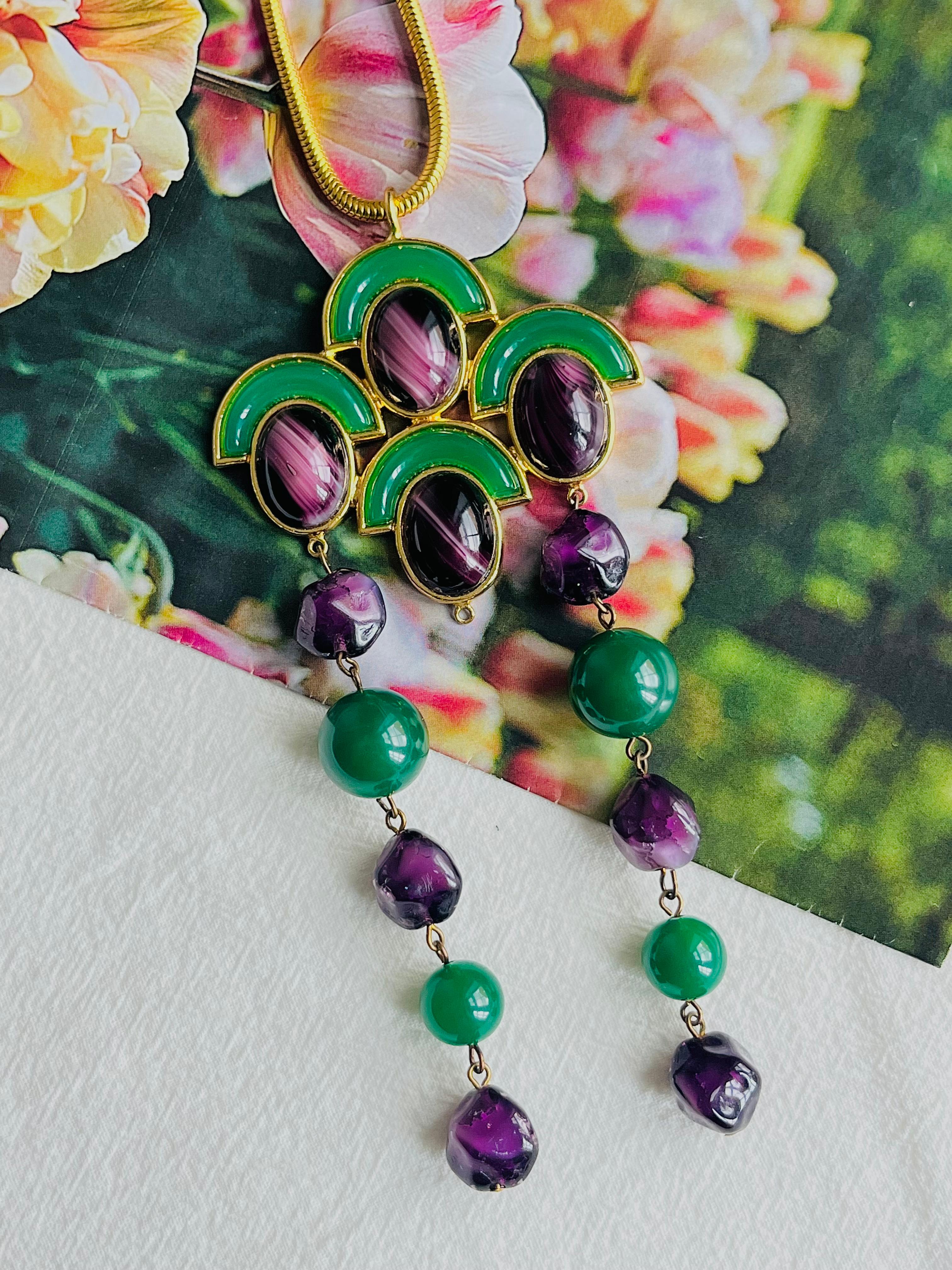 Art Deco Christian Dior Vintage 1971 Emerald Amethyst Cabochon Fans Tassel Long Necklace For Sale
