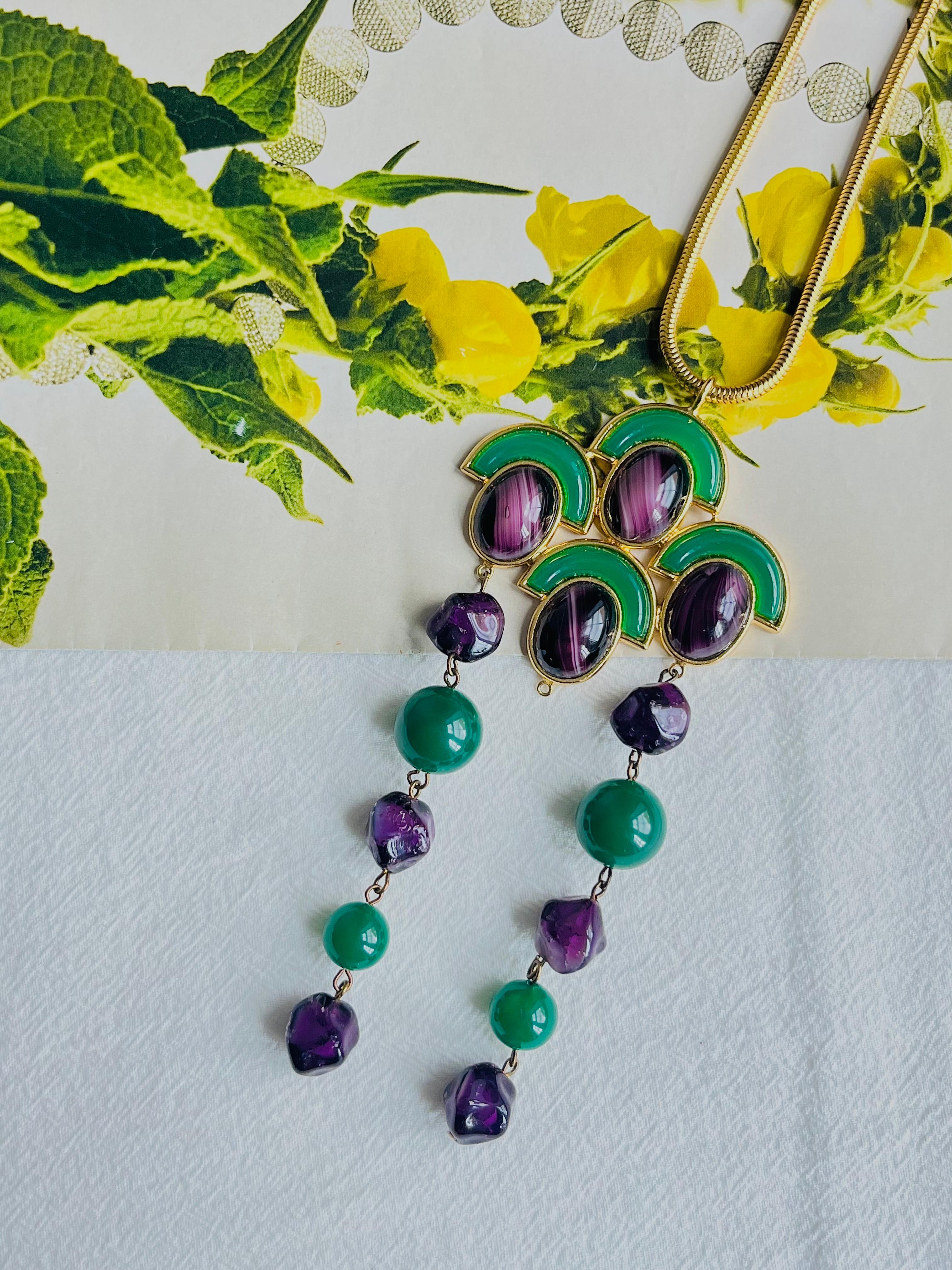 Women's or Men's Christian Dior Vintage 1971 Emerald Amethyst Cabochon Fans Tassel Long Necklace For Sale