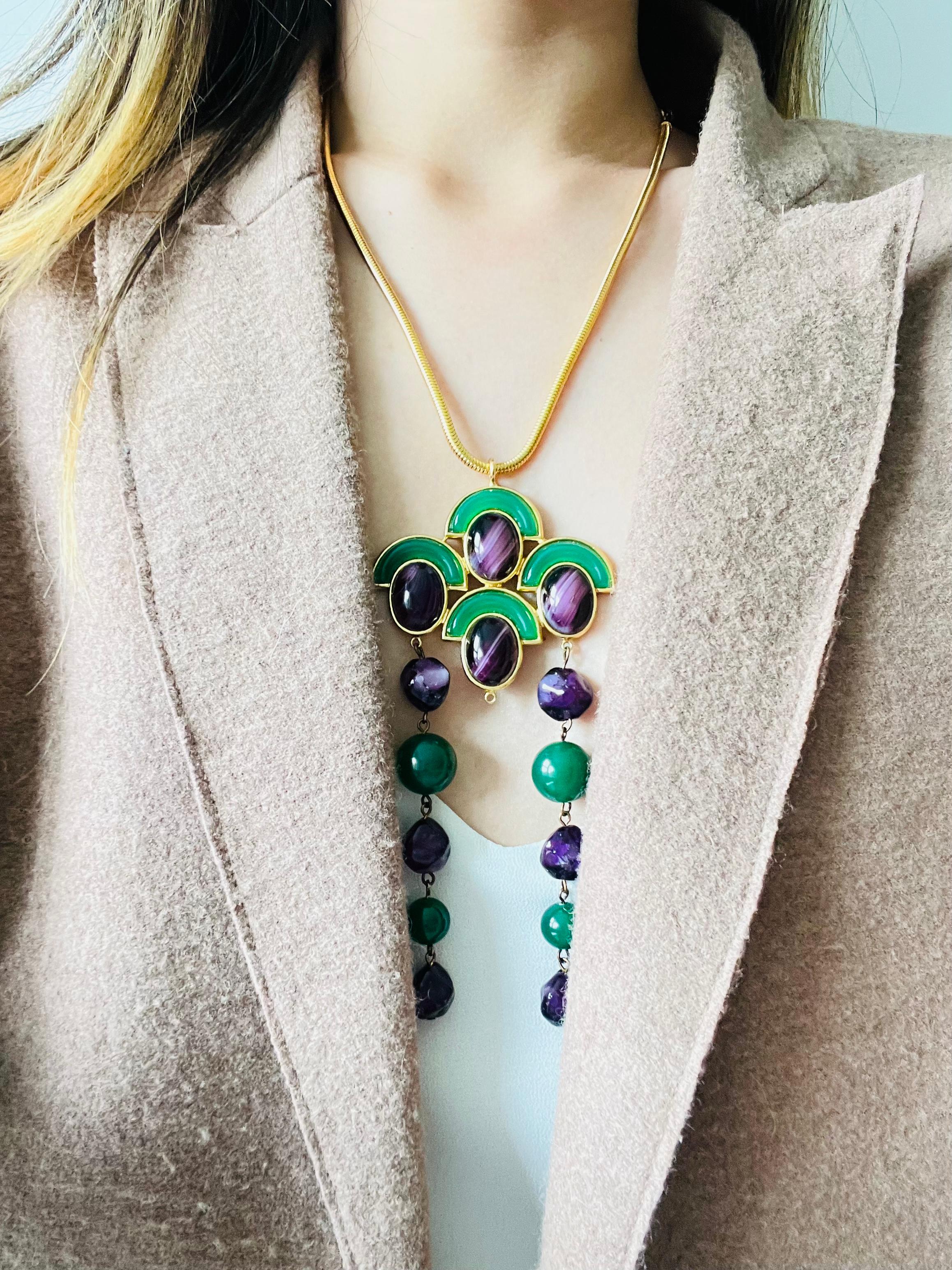 Christian Dior Vintage 1971 Emerald Amethyst Cabochon Fans Tassel Long Necklace For Sale 1