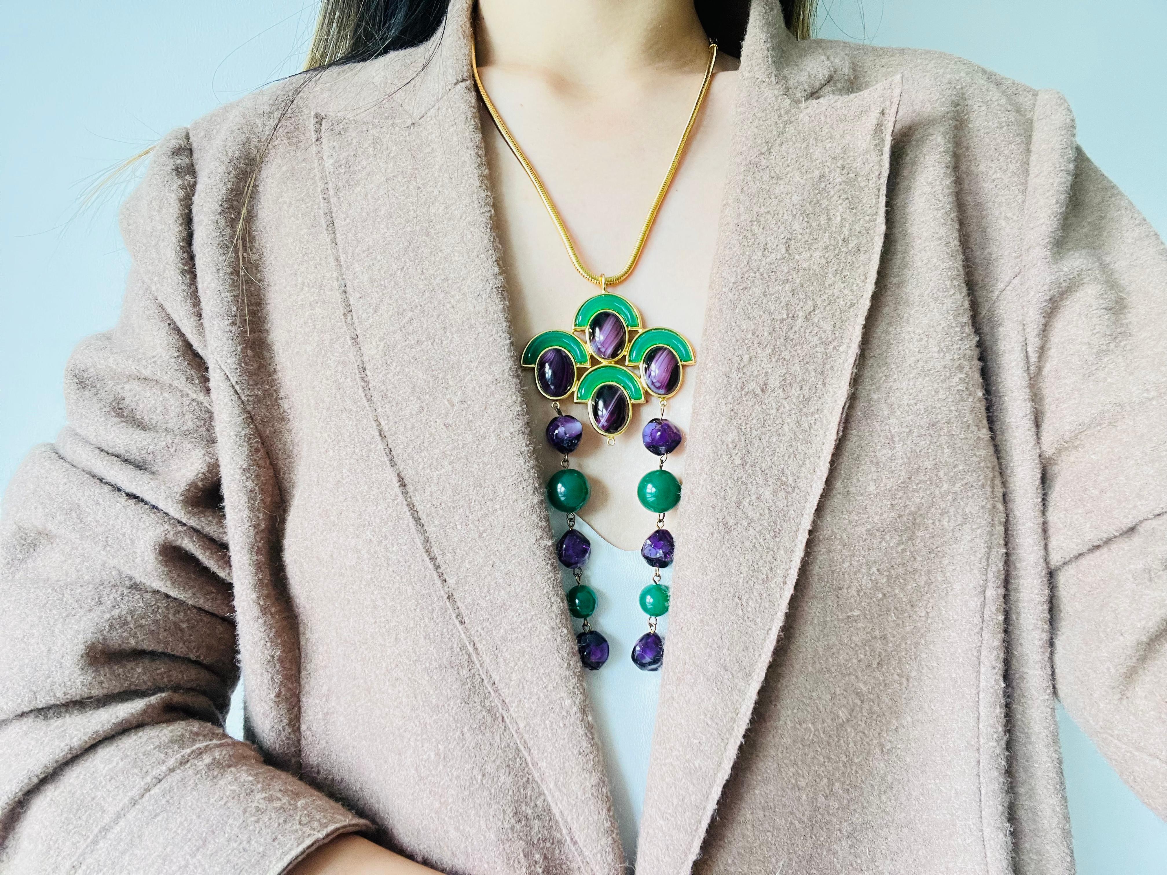 Christian Dior Vintage 1971 Emerald Amethyst Cabochon Fans Tassel Long Necklace For Sale 2