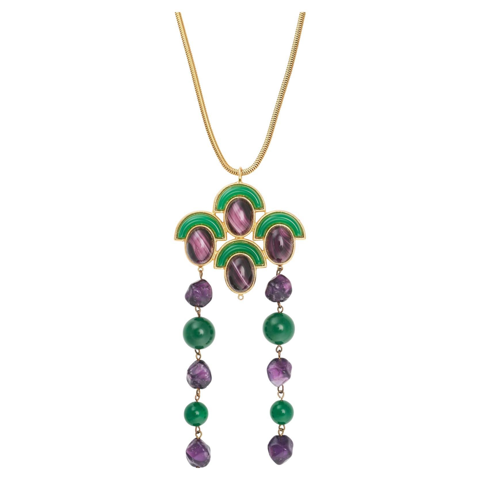 Christian Dior Vintage 1971 Emerald Amethyst Cabochon Fans Tassel Long Necklace For Sale