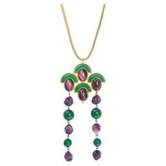 Christian Dior Retro 1971 Emerald Amethyst Cabochon Fans Tassel Long Necklace