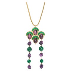 Christian Dior Vintage 1971 Emerald Amethyst Cabochon Fans Tassel Long Necklace