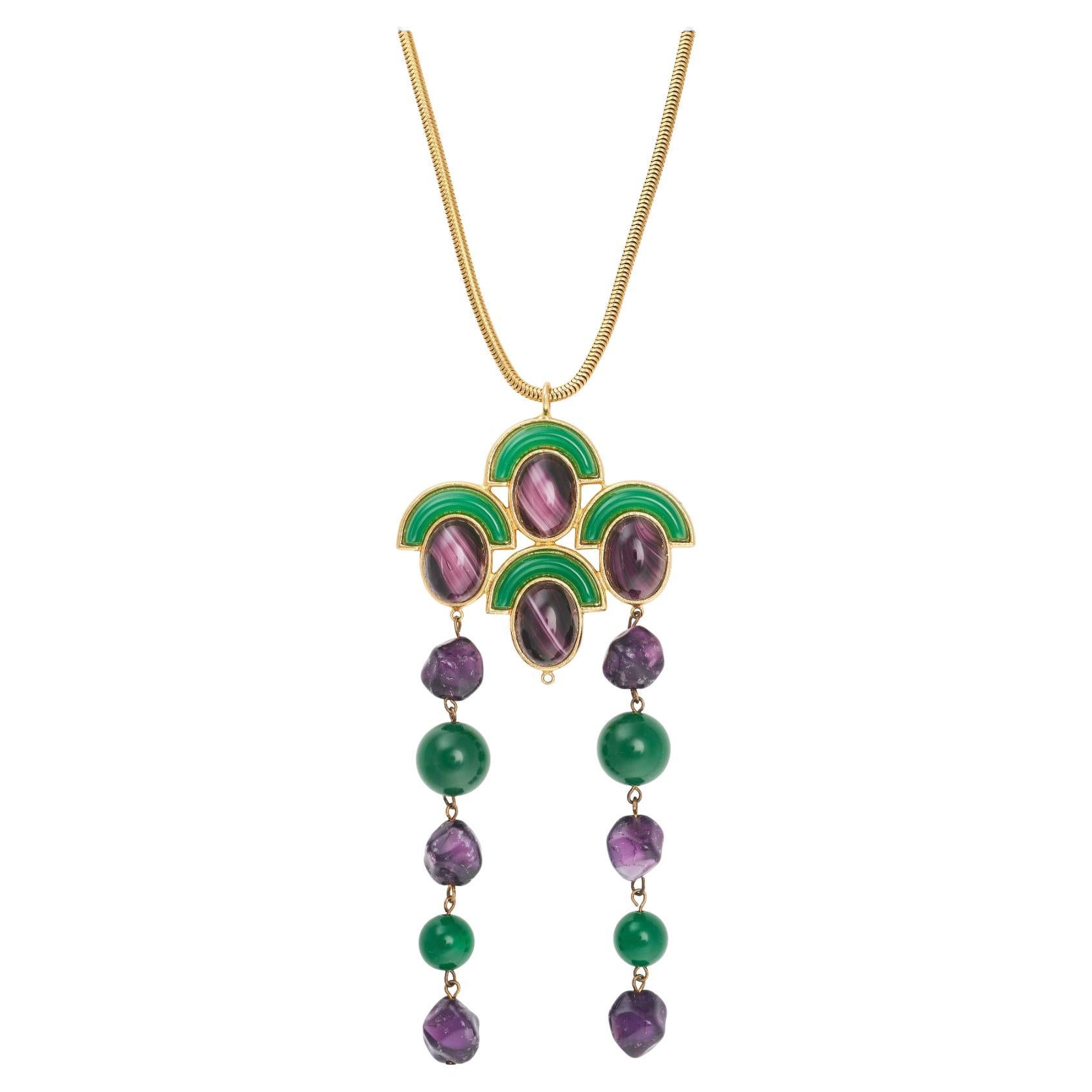 Christian Dior Vintage 1971 Emerald Amethyst Cabochon Fans Tassel Long Necklace For Sale
