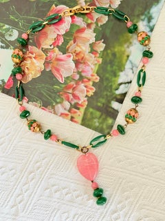 CHRISTIAN DIOR Vintage 1973 Green Emerald Pink Heart Elegant Gold Long Necklace