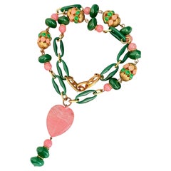 CHRISTIAN DIOR Vintage 1973 Green Emerald Pink Heart Elegant Gold Long Necklace