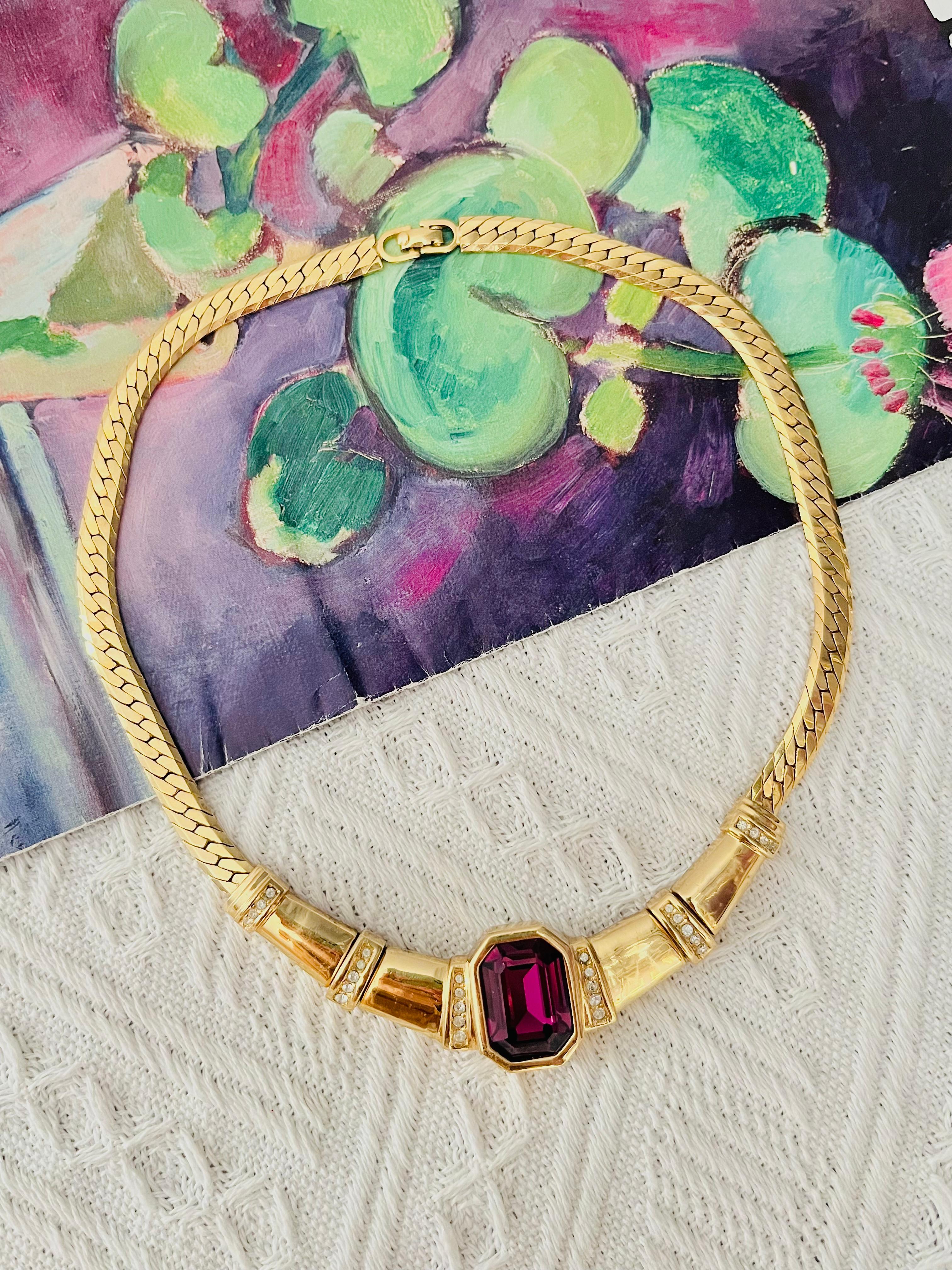 Christian Dior Vintage 1980 Amethyst Octagon Crystals Statement Choker Necklace In Excellent Condition For Sale In Wokingham, England