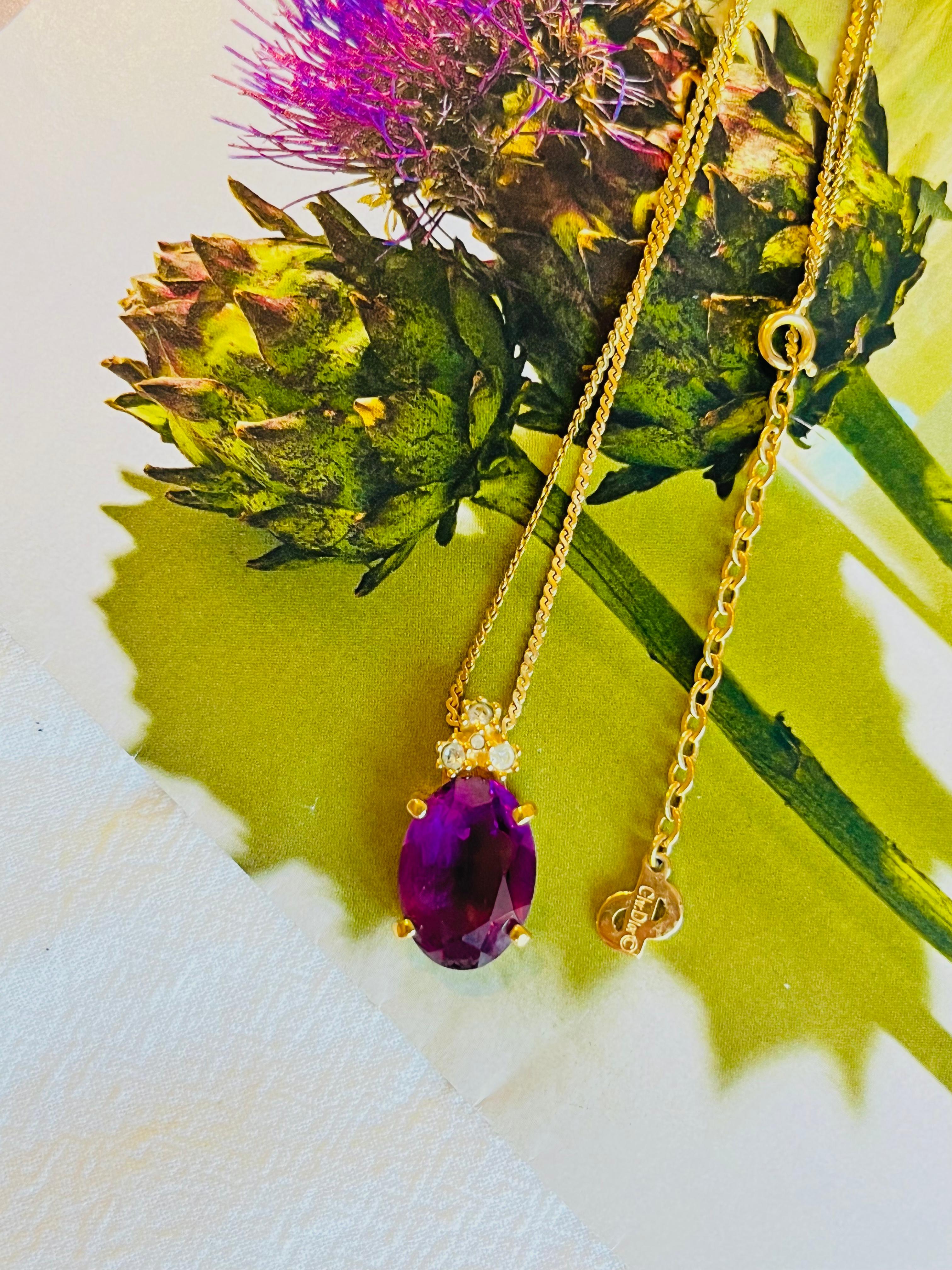 Art Deco Christian Dior Vintage 1980 Amethyst Oval Pendant Trio Cluster Crystals Necklace For Sale